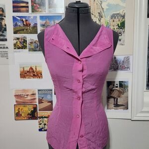 Women's Pink Sleeveless Silk Button-Up Top